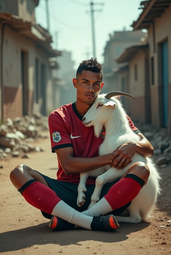 Realistic cristiano ronaldo sitting on the ground, in a poor city with a white goat next to ronaldo. Cristiano ronaldo is hugging the goat and is wearing full nike clothing