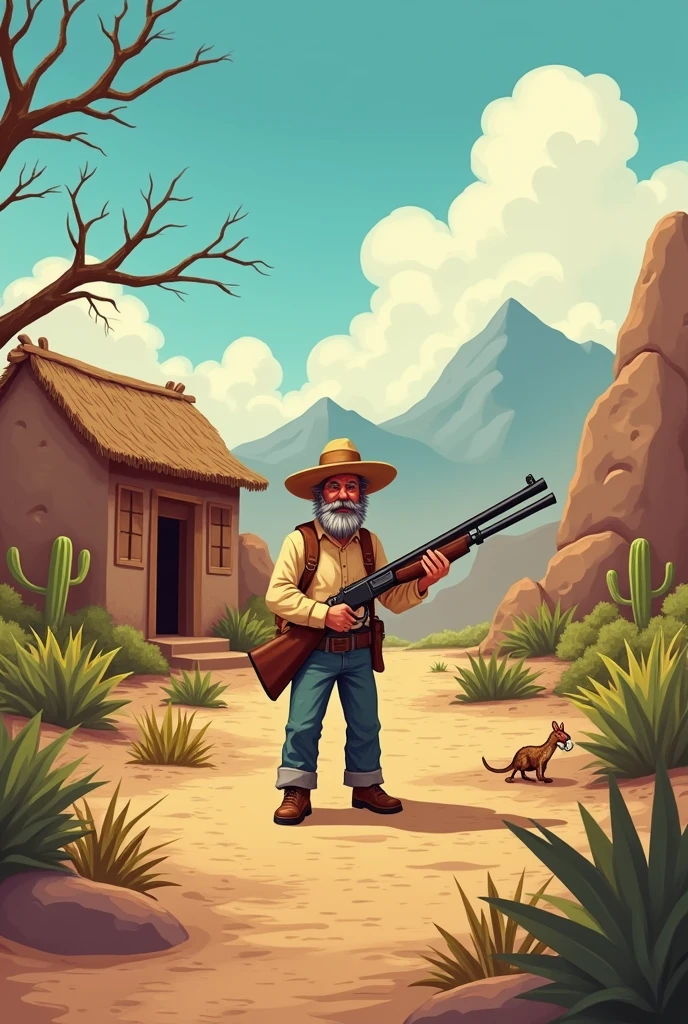CREATE THE SCENE FOR A MARIO-STYLE 2D GAME.
The character is a middle-aged man, with typical features of the northeastern backlands. He wears a simple, worn cotton shirt., faded in color, and a traditional straw hat. Sitting at the entrance to his mud house (built with clay and wood), he holds tightly an old shotgun. His expression is determined and attentive., ready to protect your home from animals that emerge from the bush.
Scenario:
The setting is a typical caatinga landscape in the Brazilian Northeast.. The ground is dry and cracked, with small shrubs and scattered cacti. Ao fundo, there is the silhouette of some twisted and dry trees, in addition to rocky mountains that complement the arid environment. The character's adobe house is a little worn by time, with cracked mud walls and a thatched roof.
animals:
The animals that come out of the bush are typical representations of the local fauna., like an armadillo, cavies and small birds of the caatinga. They suddenly appear among the bushes and cacti, moving quickly towards the character. The art style of animals should be consistent with that of the character., maintaining a look that combines realism and stylization for the 2D game.
Sound Environment:
The game may have a soundscape that includes sounds of the caatinga, like the song of birds, the sound of the dry wind, and the occasional rustling of dry leaves and branches. The sound of the shotgun firing should be clear and resonant., standing out among the sounds of the environment.
