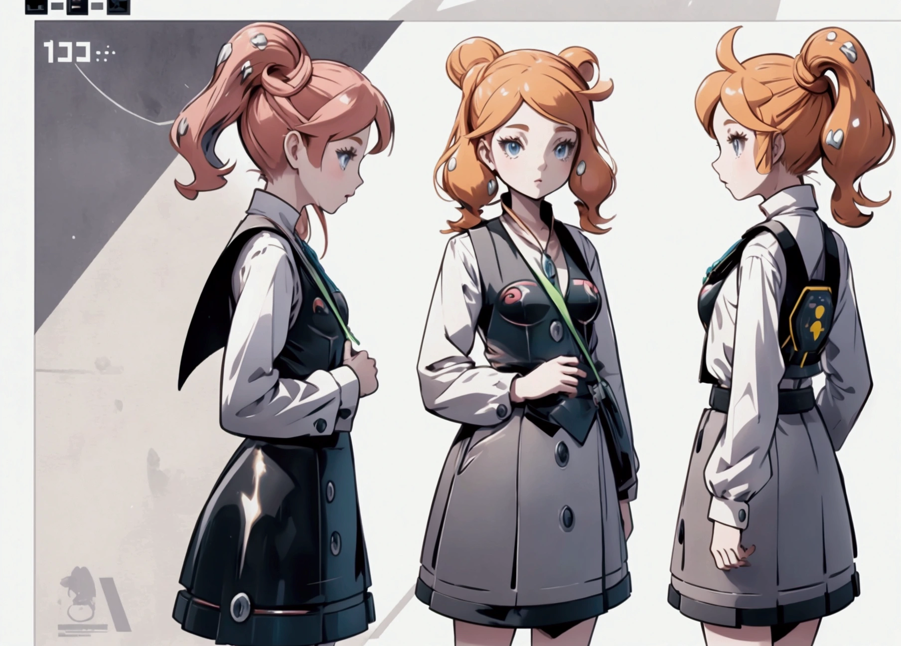 Sonia,pokemon,Standing Girl, cute, 1 girl, , 4-sided design, Diagonals, front, back, profile, Head to body ratio 5, character sheet, whole body, simple background, Four perspectives, tactical gear, bulletproof vest, Good quality, high detail, researcher,Pokemon bowser,ultra detailed, masterpiece, best quality, aesthetic, detailed