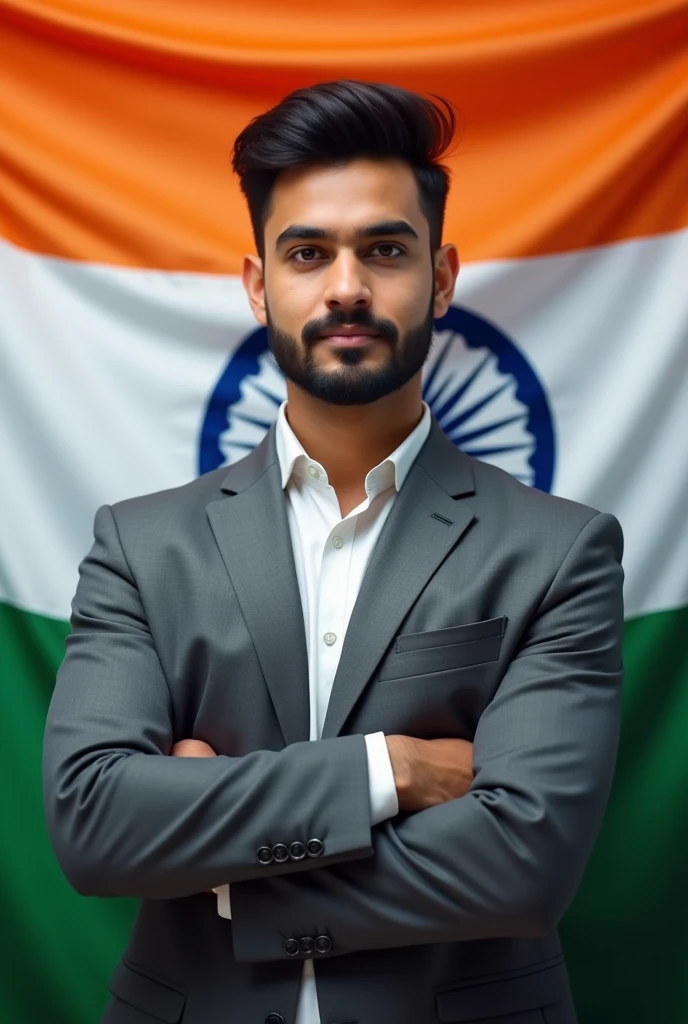 Indian 24 year young boy one professional boy Beard haircut And eye to eye stand position Indian flag background 