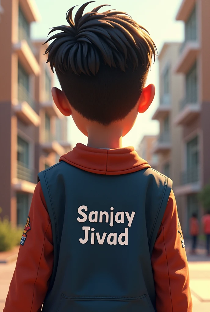 A school boy with Sanjay Jivad written on his back