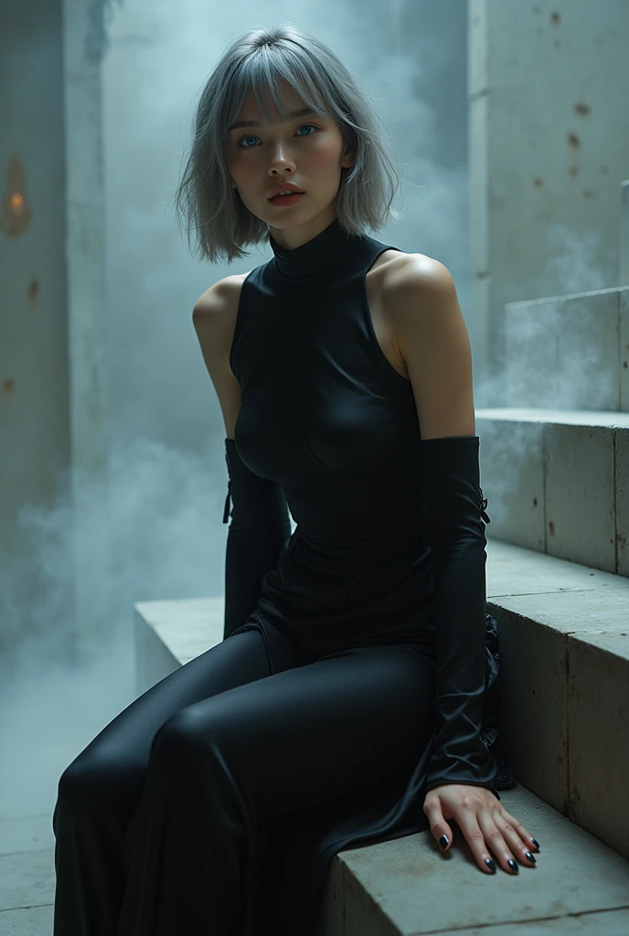 masterpiece, Best Quality, hyper Realistic, A mysterious and sophisticated beautiful young gravure Japanese woman with blue eyes wears futuristic and sexy fashion art. sitting, below shot, random angle, Detailed clothing butt, woman is climbing at a wide angle, with her full body in frame. large Butt, sexy large breasts, slim waist, Create an image of a sophisticated black dress designed for a formal setting. The dress should have a sleek, body-hugging silhouette that reaches the knees. The material should be a shiny, luxurious fabric like satin or silk, giving the dress an elegant sheen. The dress should feature decorative ribbon-like elements made from the same material, randomly placed across the dress to add texture and movement.
The neckline should be high, covering the collarbone, while the shoulders are exposed, adding a touch of modernity to the classic design. The model in the image should wear pointed black high heels to elongate the legs and complement the dress. The background should be simple and clean, allowing the focus to remain on the dress’s design and details. Ensure the overall aesthetic is refined and chic, suitable for a fashion lookbook or an online store display.
This description should guide the AI to generate an accurate representation of the outfit while highlighting the key design elements. hyper small head and face, wide and big Duck mouth, half open mouth, perfectly aligned teeth, perfect beautiful wide teeth, Detailed eyes, light blue eyes, half open eyes, shiny Droopy eyes, gray hair, looking other, She is situated within the interior of a futuristic colony, with mist drifting and steam rising from concrete
