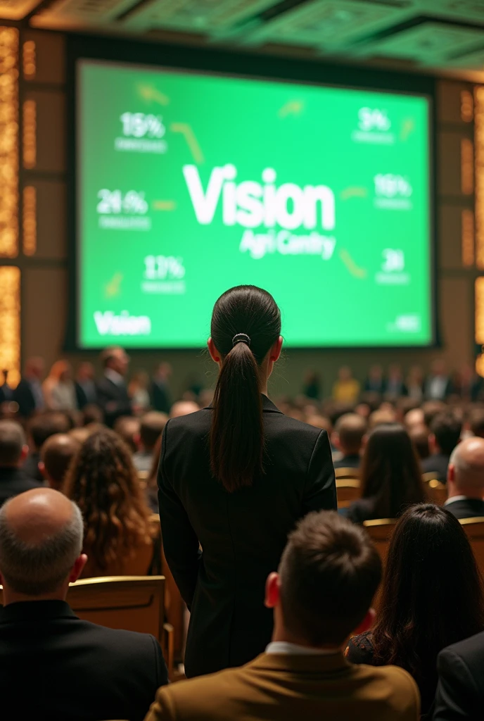 Beaucoup des personnes homme et femme dans une grande salle de conference de luxe, devant le quel il y'a une jeune femme animatrice de la conference et derrieure elle un ecrant geant qui affichent des statistique et  aussi avec la mention VISION AGRI en vert