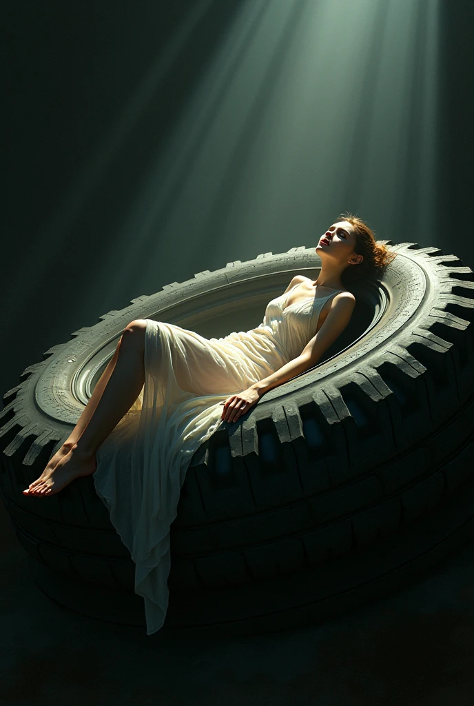 woman lying on a giant tire with a bright light, inspired by Krenz Cushart, wlop and krenz cushart, Krenz Cushart, krenz cushart and artgerm, 由杨J, by Shitao, by Krenz Cushart, art by wlop and greg rutkowski: caravaggio painting