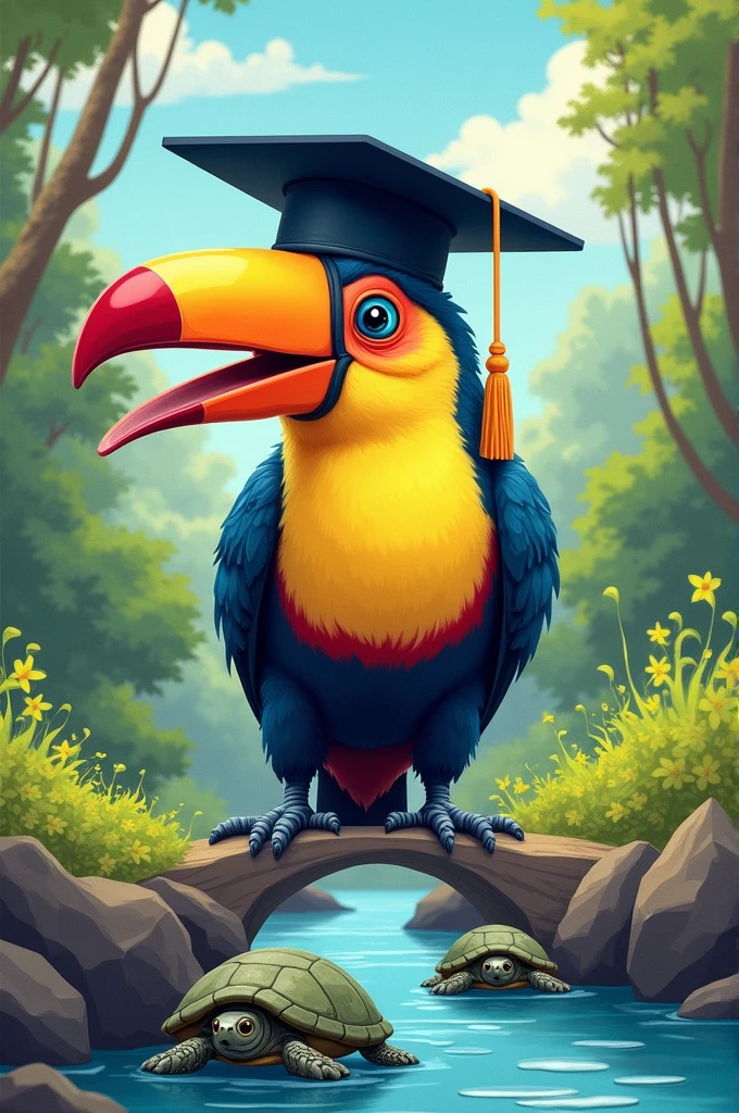 Make me a crazy 2024 promotion that has a toucan with a mortarboard and in the background there is a small river and below it says that there are two small turtles