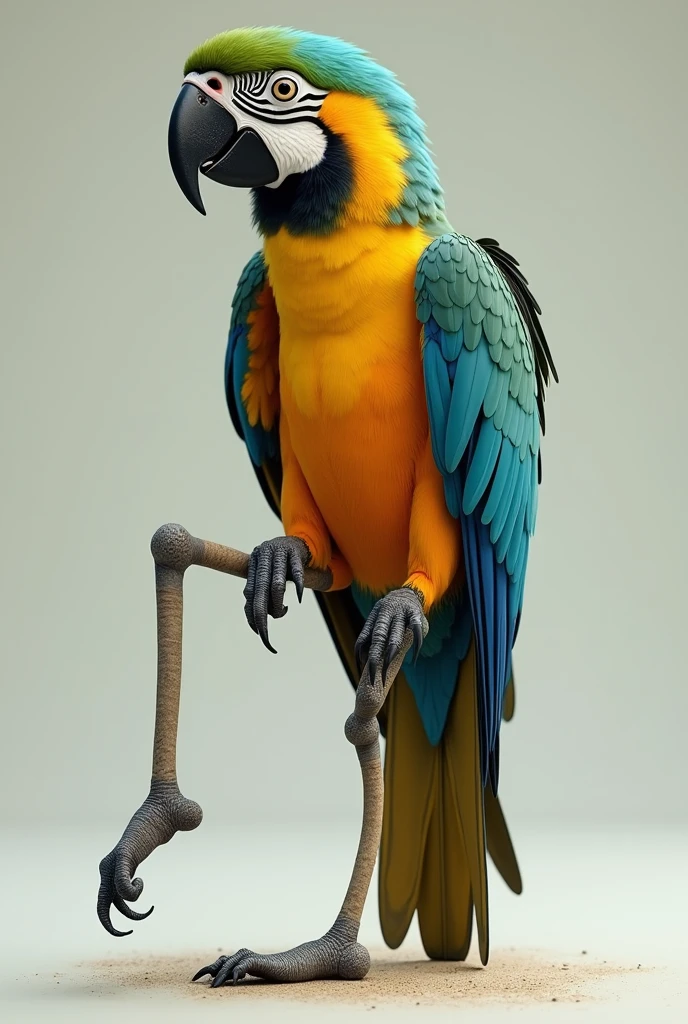 A parrot with twisted left leg 90 degree left hand side, fixed to original position