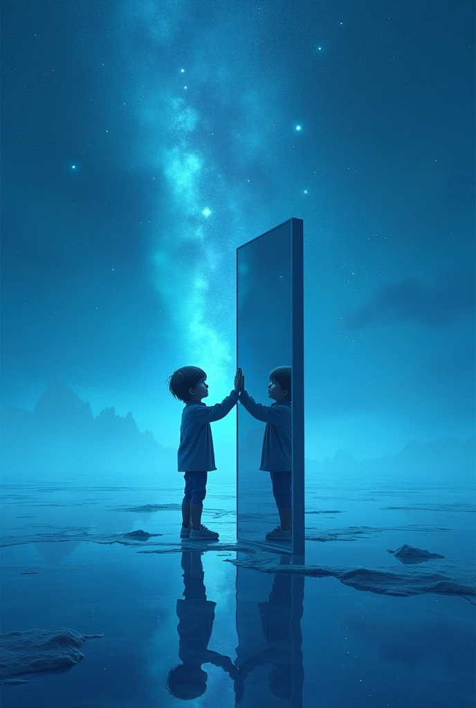 Generate an image of a young boy standing in front of mirror touching the mirror,and the boy is in space,and the space is all blue in colour,