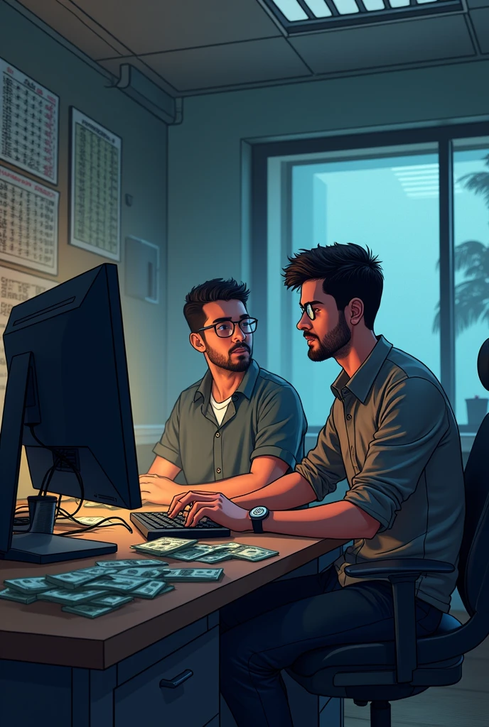 There are two friends in the trading room and there is money on the table. Ram should be small. Computer setup and small room and five computer black shirt pantb five computer