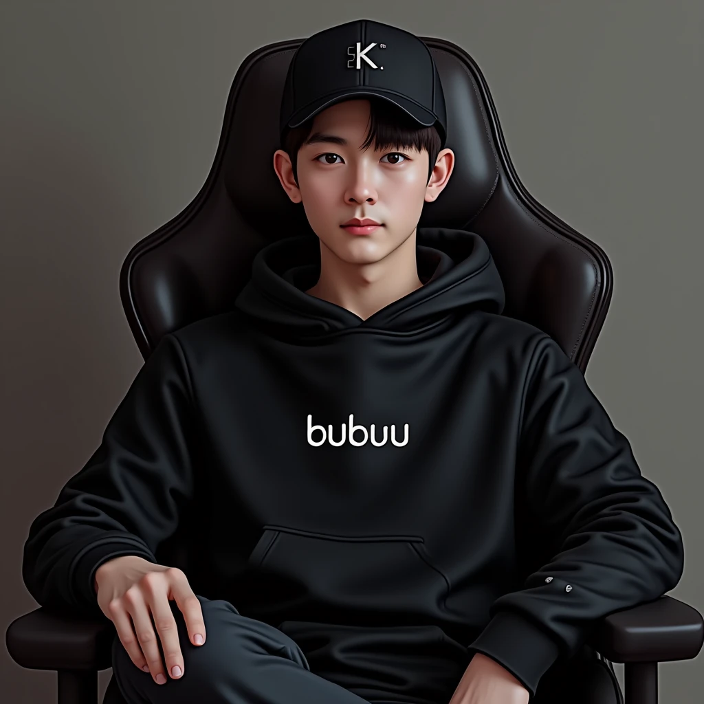 A handsome Korean man sitting on a gaming chair wearing a black polite hoodie , while wearing a black ball cap with the name on the hoodie " BUBUU "
