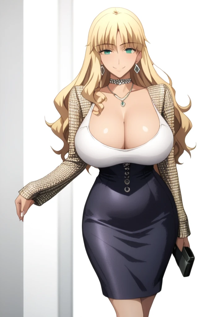Artoria pendragon,Detailed face,Cleavage,Curvy figure,Big breast,(Long Wavy hair),Heels,Swaying hips,Bareneck,long bail,Chocker,jewelry,wedding ring,Necklace,Hoopa earring,Hoopa bracelet,Half eyes expression,Detailed face,Curly hair,(((Open bang hair))),Blonde hair,Crossing arm,smile,Light blush,((Glossy light tanned skin)),Thin shoulder outfit,Short skirt,emerald eyes,colorless gloss lipstic,head to waist view,Detailed face,Detailed eyes