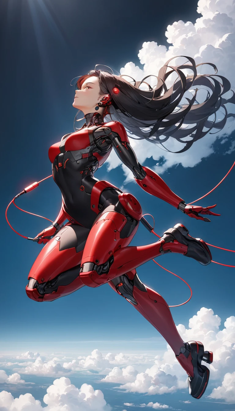 Red and black cyborg woman plugging into the cloud.