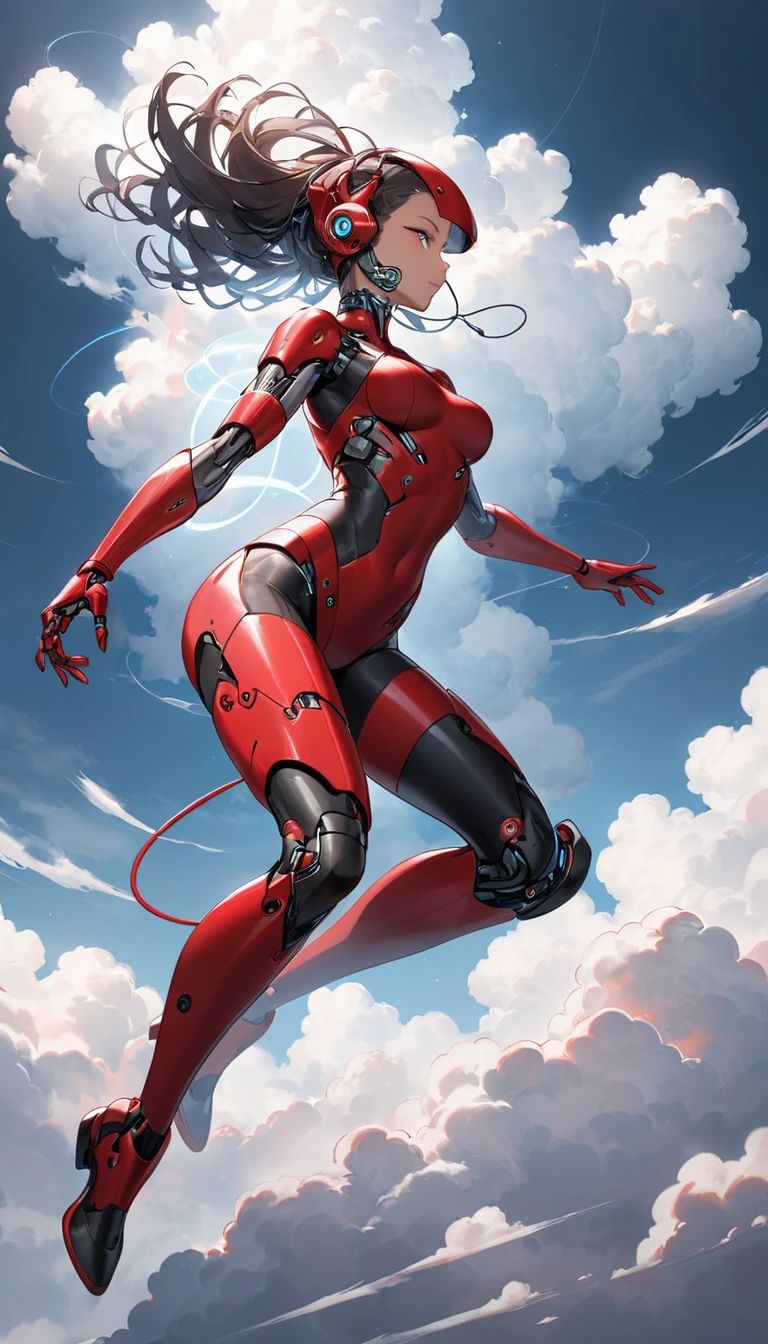 Red and black cyborg woman plugging into the cloud.
