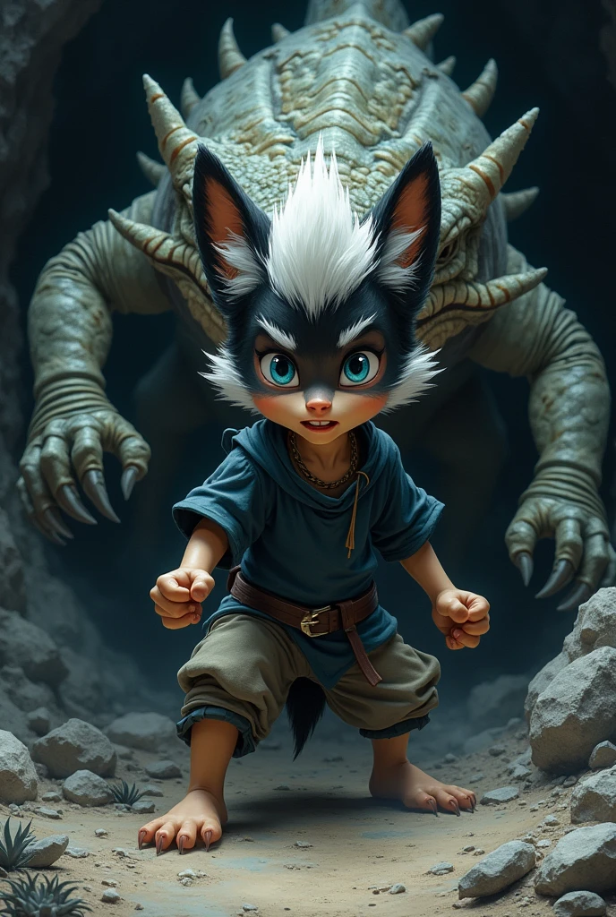 An anthropomorphic youthful slender wolf cub with black and white fur, blue eyes and a striking white mohawk hairstyle wears a dark blue, baggy medieval tunic shirt with dark green, T-shirt-like short sleeves. in animated drawing style. He finds himself in a dark, dark cave. A huge evil monstrous lizard creature, which is significantly larger than the wolf cub, has already grabbed the panicked wolf cub by the head and is pressing him firmly to the cave floor with his claws. The monster drools, while trying, to devour the wolf cub. animated drawing style