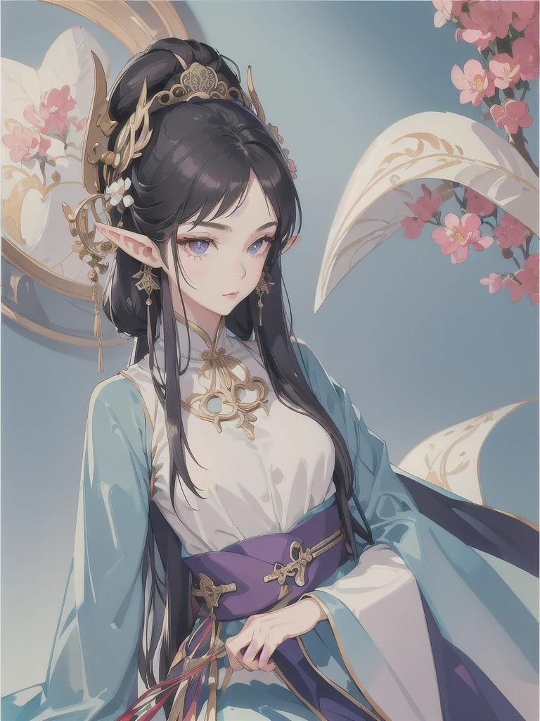 masterpiece, best quality, 1girl, ultra detailed, ultra highres, well-definded facial features, anatomically correct, cute girl, long pointy ears, elf, nice face,black hair, puple eyes, bohemian ethnic costume, art deco,