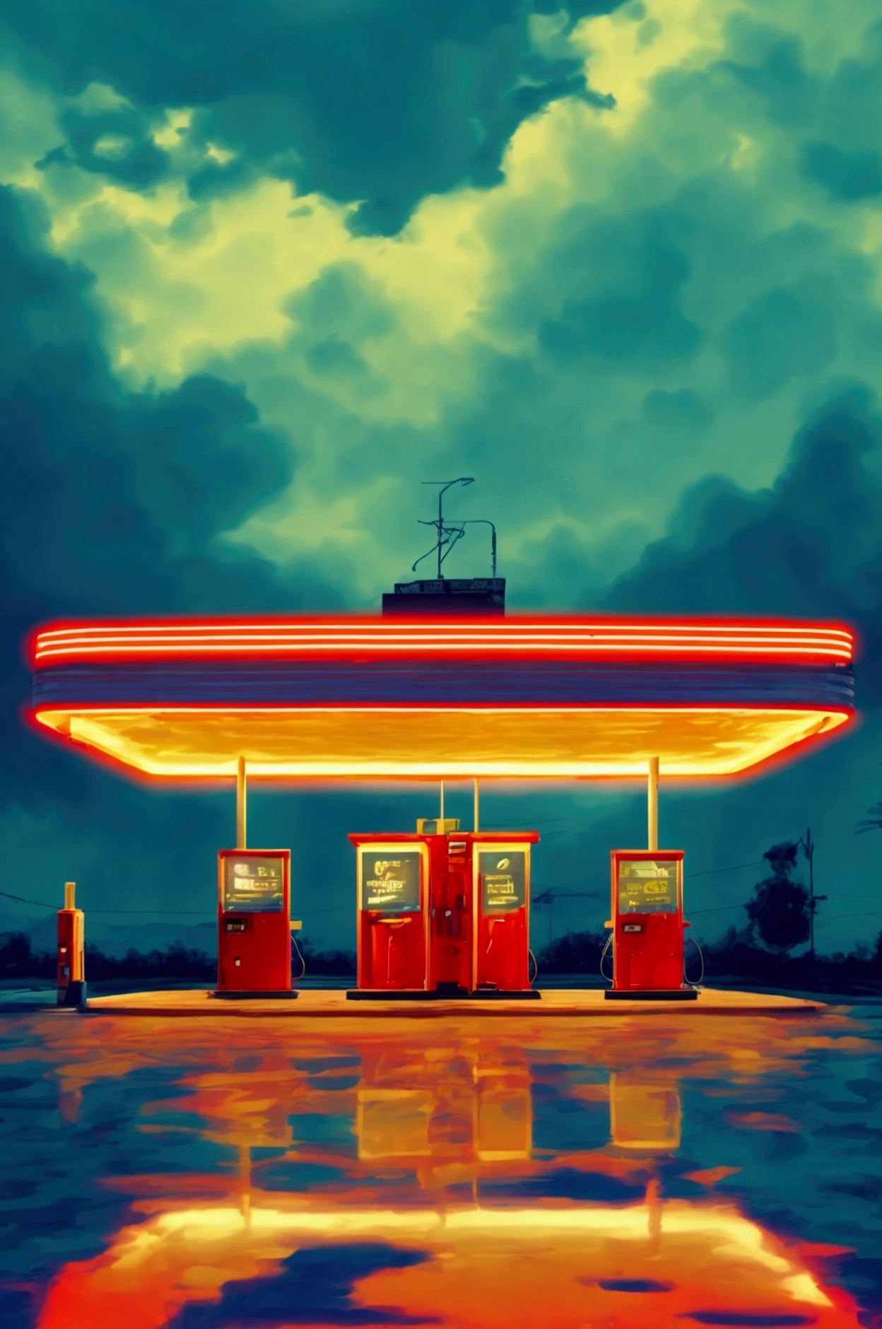 The Phantom Service Station: “A lonely figure at an abandoned gas station, illuminated only by a flickering neon sign. The realistic design uses halftone to highlight the atmosphere of mystery.”