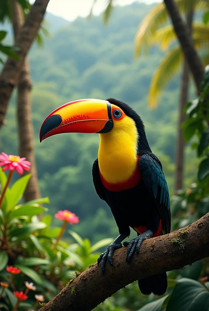 Tukan v drunkli na costa rica, rich nature , realistic style, photo from a distance