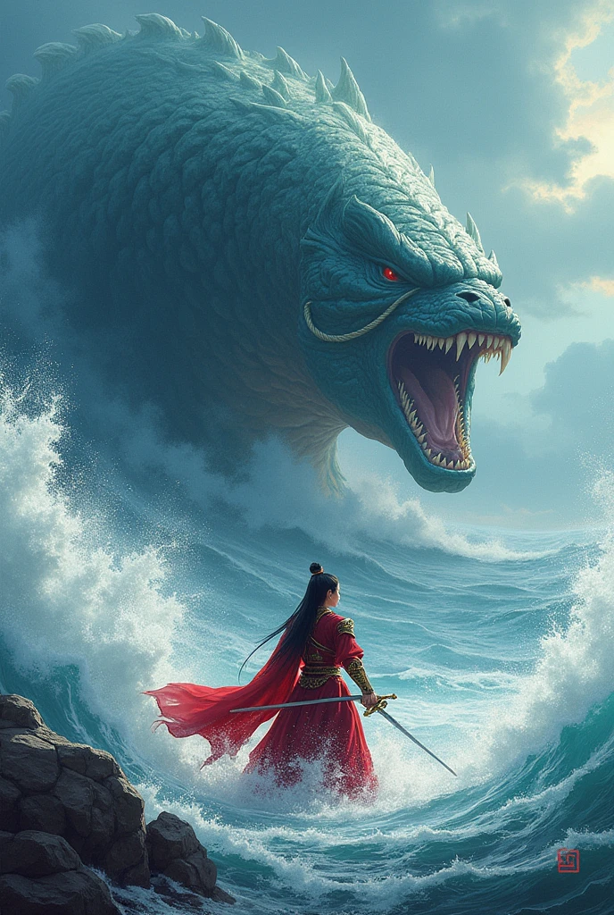 Draw me Mulan fighting the sea monsters from the manhwa "Leviathan".