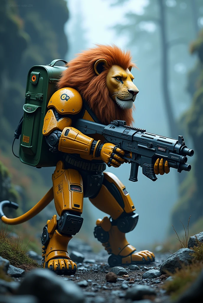 Lion king robotic shots dezine blue and black showing gun with green bag background rock forest logo backside name tags logo. Sahil maker image name sahil maker