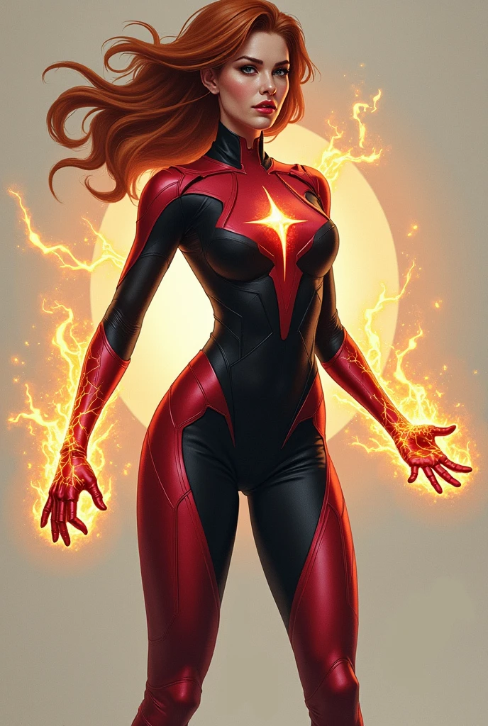 an intelligent female superhero who's powers is similar to wanda maximoff with a unique and noticeable headpiece, and make the color scheme of the clothes redish black, unique but elegant. brownish orange hair with a different and unique but big headpiece. make it a head to toe pic. give the special effects surrounding the hands similiar to wanda maximoff