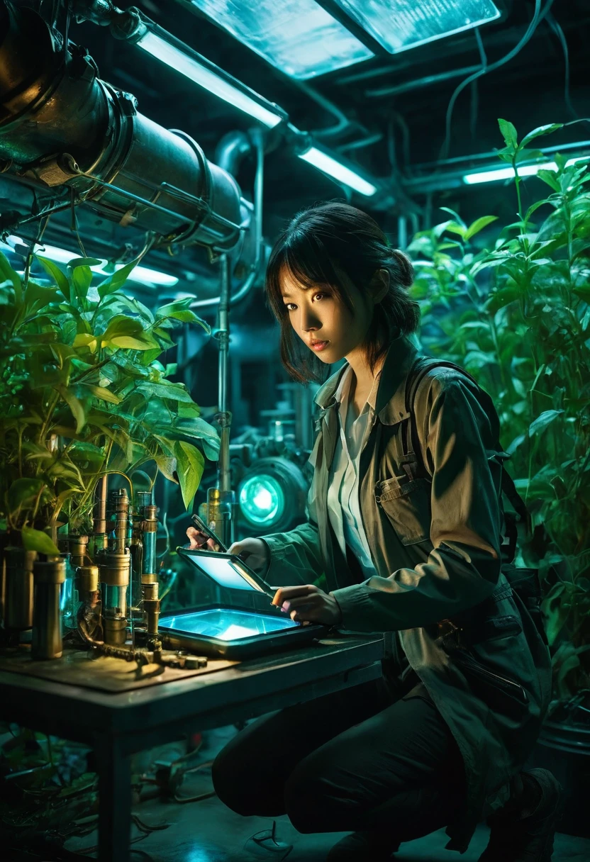 Genius botanist lady ducktail Misaki, she crouching behind an elaborate metal device, holding a tablet with incriminating data, and in her other hand a weapon she holds a standard flashlight, A futuristic secret laboratory, rows of glowing cylindrical containers filled with rare clematis, bioluminescent plants emitting an eerie blue-green light, Alarms blinking red, steam hissing from pipes, floor reflective, holographic display showing molecular structure of plants, vial of liquid glowing in foreground, exit sign illuminated in distance, cinematic action scene composition, saturated colors, lens flare, ultra-detailed, intricate detail Highly Detailed Eyes, Faded, 16K resolution, RAW, Nikon Z9, Creative, Masterpiece, Fantasy, High Definition, High Quality, 8k, Realistic, Dramatic Lighting, Soft Focus, Digital Illustration, Intricate Mechanics, Advanced Techniques, Dark Background Cinematic, High Contrast, High Contrast Atmosphere, (Best Quality, 4k, 8k, High Definition, Masterpiece: 1. 2), Ultra-Detailed, (Realistic, Graphic, Photorealistic: 1. 4) -- No Glass --AR 16:9 --Stylize 1000