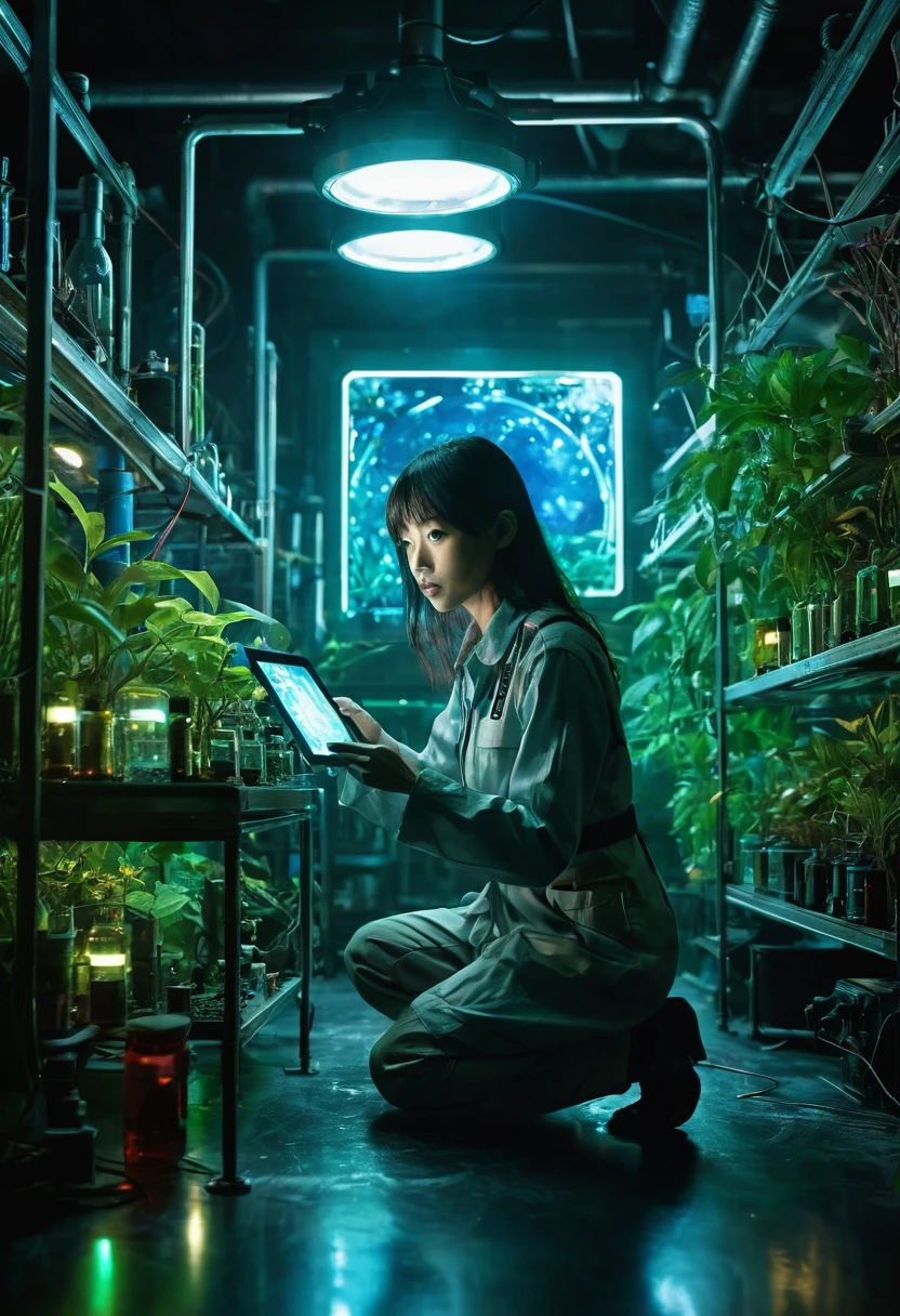 Genius botanist lady ducktail Misaki, she crouching behind an elaborate metal device, holding a tablet with incriminating data, and in her other hand a weapon she holds a standard flashlight, A futuristic secret laboratory, rows of glowing cylindrical containers filled with rare clematis, bioluminescent plants emitting an eerie blue-green light, Alarms blinking red, steam hissing from pipes, floor reflective, holographic display showing molecular structure of plants, vial of liquid glowing in foreground, exit sign illuminated in distance, cinematic action scene composition, saturated colors, lens flare, ultra-detailed, intricate detail Highly Detailed Eyes, Faded, 16K resolution, RAW, Nikon Z9, Creative, Masterpiece, Fantasy, High Definition, High Quality, 8k, Realistic, Dramatic Lighting, Soft Focus, Digital Illustration, Intricate Mechanics, Advanced Techniques, Dark Background Cinematic, High Contrast, High Contrast Atmosphere, (Best Quality, 4k, 8k, High Definition, Masterpiece: 1. 2), Ultra-Detailed, (Realistic, Graphic, Photorealistic: 1. 4) -- No Glass --AR 16:9 --Stylize 1000