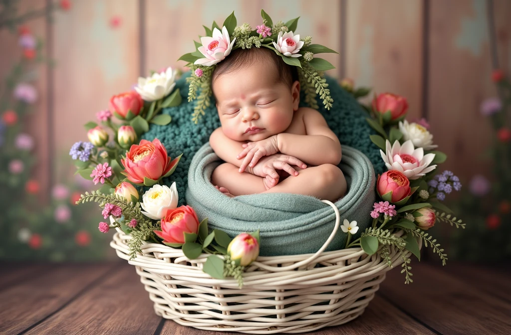 there is a baby sleeping in a basket with flowers and greenery, a digital rendering inspired by Anne Geddes, shutterstock contest winner, art photography, wrapped in flowers, maternal photography 4 k, award winning studio photo, lotus floral crown girl, dreamy and detailed, photo of a beautiful, wrapped in cables and flowers, wrapped in flowers and wired, olivia