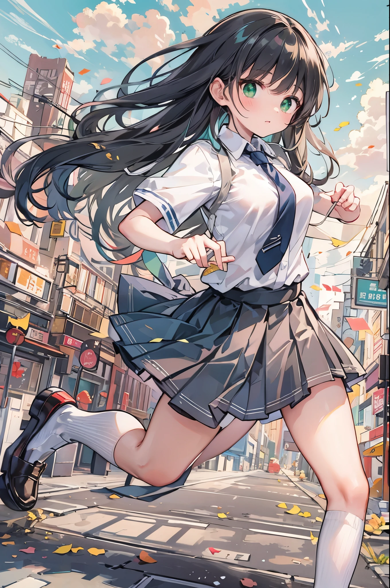 ((Highest quality, 8k, masterpiece: 1.3)), whole body,1 personの,1 person,,Glamorous Body,cute,Grim expression,Black Hair,Beautiful emerald green eyes,Long Hair,Eat a slice of bread,Sprinting,Run,Landscape,((White short-sleeved blouse,tie)),((Green pleated mini skirt,loafers)),School zone,