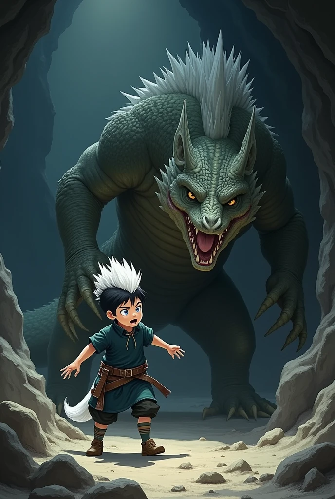 An anthropomorphic youthful slender  wolf cub with black and white fur, blue eyes and a striking white mohawk hairstyle wears a dark blue, baggy medieval tunic shirt with dark green, T-shirt-like short sleeves. in animated drawing style. He finds himself in a dark, dark cave. A huge evil monstrous lizard creature, which is significantly larger than the wolf cub, has already grabbed the panicked wolf cub by the head and is pressing him firmly to the cave floor with his claws. The monster drools, while trying, to devour the wolf cub. animated drawing style