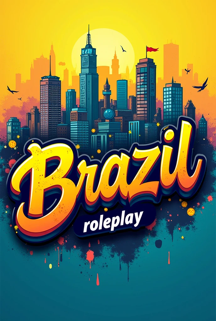 a banner (1980x1080) with a cartoon city in the background, a very large logo with the word BRAZIL written in graffiti, below written ROLEPLAY