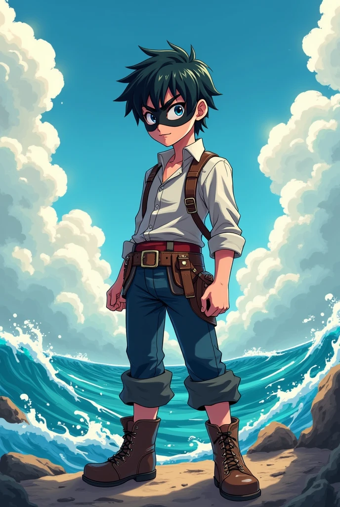 Create a character in the anime sense Pirate with short black hair Put on a mask Boy