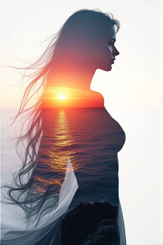 high quality, 8K Ultra HD, A beautiful double exposure that combines an goddess silhouette with sunset coast, sunset coast should serve as the underlying backdrop, with its details incorporated into the goddess , crisp lines, The background is monochrome, sharp focus, double exposure, by yukisakura, awesome full color,