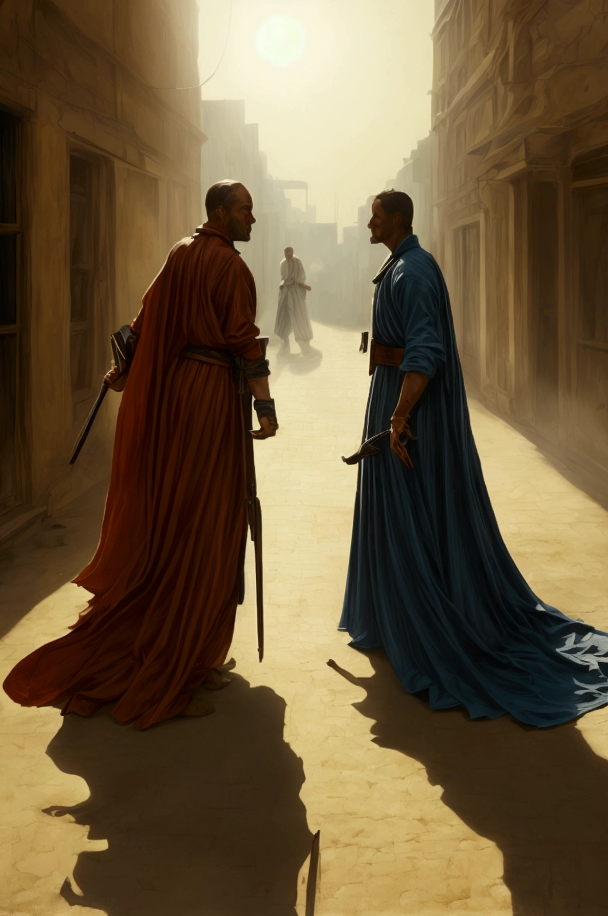 The Last Duel: “Two figures facing each other in a duel in the middle of a deserted street, with shadows cast by the headlights. Realistic design is highlighted with halftone details.”