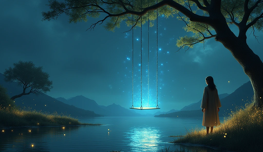 An enigmatic realm with a dark, starry sky. A golden river flows beneath a swing glowing in blue, surrounded by glowing fireflies. An elderly woman with a sorrowful smile appears from the river,a boy is standing on the river bank and seeing the swing which is hanging in middle of the river with a tree branch.