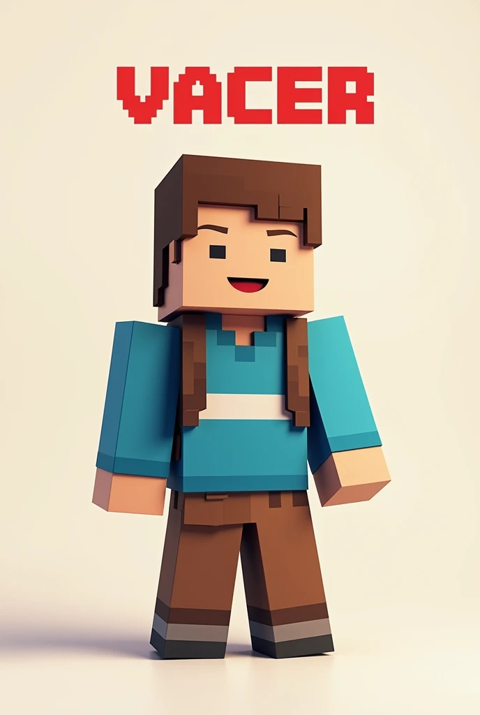 Create an image for a website where I can add the image in Minecraft style, in which a cheerful figure with brown, blocky hair and a blue sweater with white stripes. The figure wears brown trousers and a backpack and stands in front of a light background. The Vacer logo in red can be seen at the top and bottom of the picture.