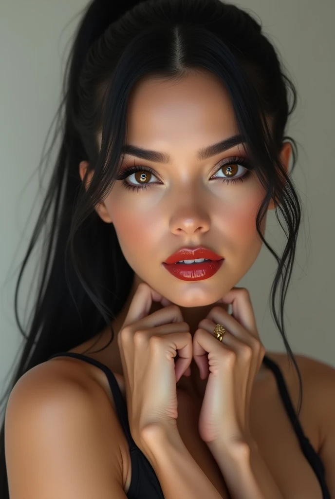 close-up, extreme close-up, close-up portrait, portrait, close-up on her lips, ultra realistic, photography, long black straight hair in a ponytail, elegant perfect hair, (30 years old, hazel eyes, hourglass figure, perfect fit body, natural big breasts), firtatious look, crimson red lipstick, femme fatale, she is a sex icon, she is a sex goddess, long eyelashes, cat-eye make-up, she is completely nude, she is completely ?????, highlight her cleavage, highlight her curves, she has her hands on her neck and her head slightly falls backwards, her eyes focus the camera and her lips are slightly parted, she hides her breasts behind her arms