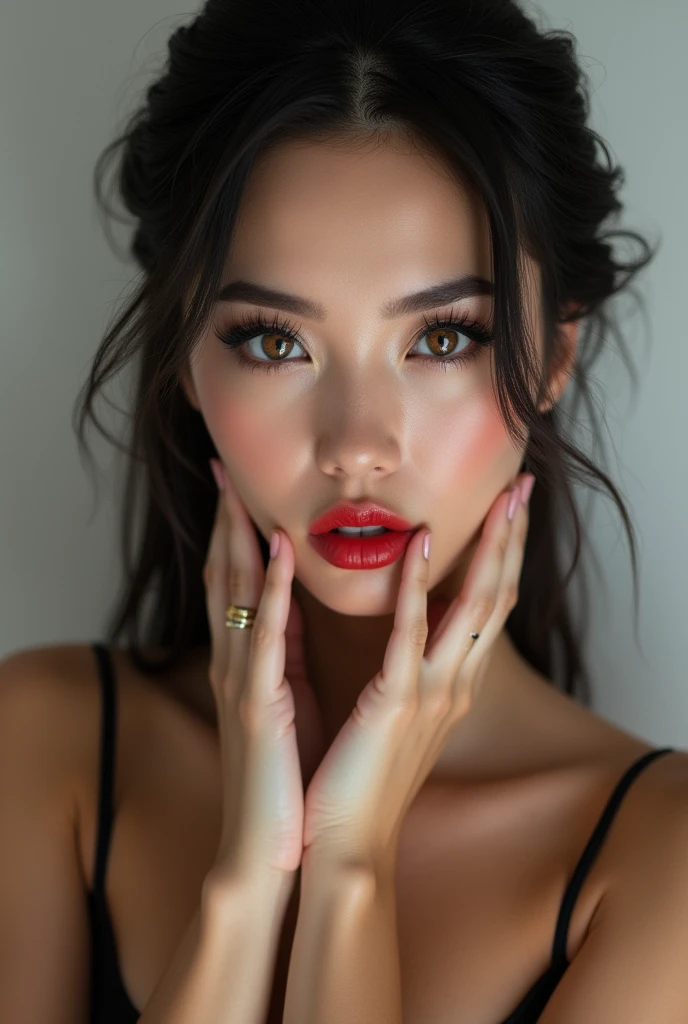 close-up, extreme close-up, close-up portrait, portrait, close-up on her lips, ultra realistic, photography, long black straight hair in a ponytail, elegant perfect hair, (30 years old, hazel eyes, hourglass figure, perfect fit body, natural big breasts), firtatious look, crimson red lipstick, femme fatale, she is a sex icon, she is a sex goddess, long eyelashes, cat-eye make-up, she is completely nude, she is completely naked, highlight her cleavage, highlight her curves, she has her hands on her neck and her head slightly falls backwards, her eyes focus the camera and her lips are slightly parted, she hides her breasts behind her arms