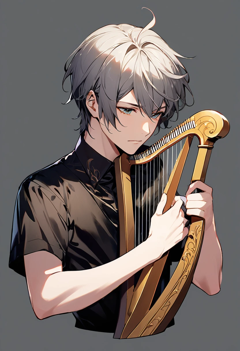 Orpheus from the video game "Persona",gray background,delcate cutout,graftical designed,He has a harp, a melancholy expression,