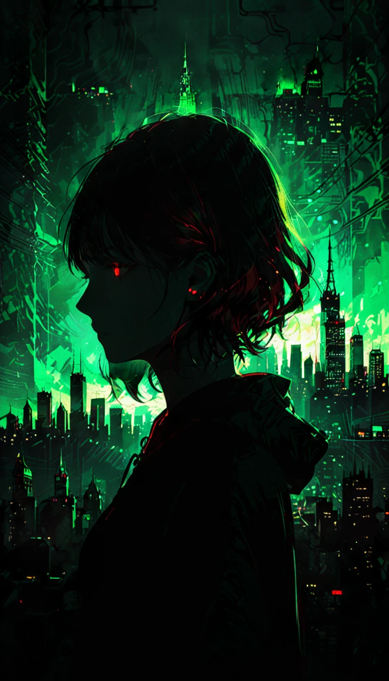(artist by Florence Broadhurst:1.2),1girl,bob cut,hoodie,headphones,silhouette, (skyline:1.3),(cityscape:1.4),a big iron tower,Standing at the top of the tower,solo,green theme,low saturation,silhouette,(Background with rich lines:1.8),abstract background,detail glow red eyes,(looking the view:1.5),Girl with red eyes,(Dark atmosphere,shadow,Silhouette,Minimalist style,dark,Very strong darkness:1.8),glowneon,cowboy_shot,(fisheye:1.3)