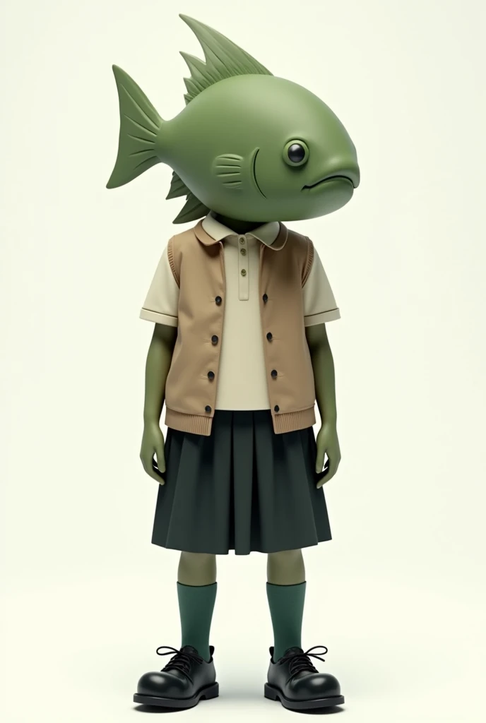 ((Highest quality)), ((photograph)), (front), (Blow fish have a green upper half), A female blow fish is wearing an off-white collared short-sleeved shirt, a light brown vest, a knee-length black skirt, dark green socks and black shoes., Background is white, photographのようなリアルな画像,
