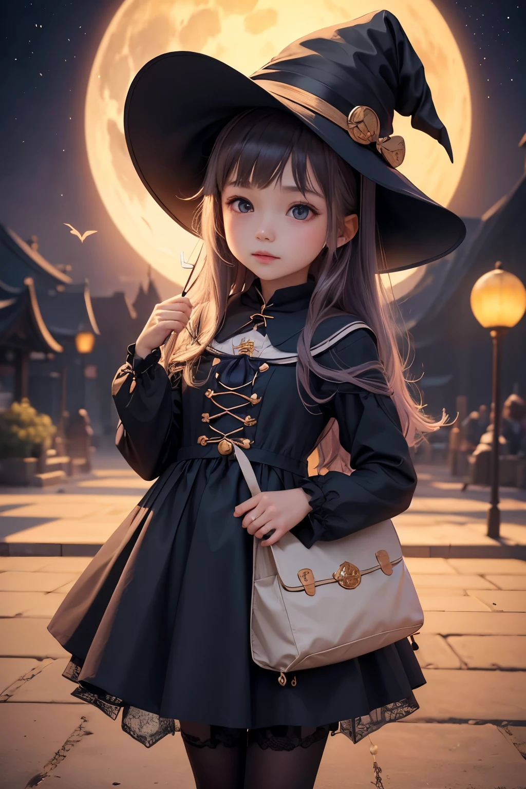 (Highest quality:1.2)。One Woman。little cute witch。Witch Hat。Witch&#39;s Clothes。(Ride on a broom)in flight。(急峻な山岳地帯の中をin flight)。((Back view))。((The background is blue sky and white clouds))。