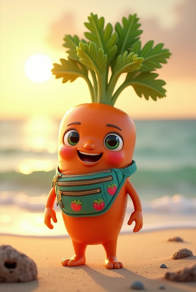 A vegetable with a fanny pack on his waist at the beach