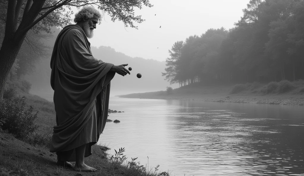 Scene shows Heraclitus walking along the riverbank, picking up a stone and tossing it into the water, creating ripples.
Make the theme black and white and make it vibrant and hyper realistic.