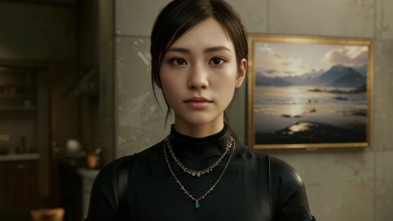 There is a woman with a necklace and a necklace on her neck, 8k portrait rendering, Screenshot of the 2020 video game, yaoi kasuma, Deayami Kojima, Akihiko Yoshida. unreal engine, realistic cinematic portrait, Portrait of Tifa Lockhart, Inspired by Ayami Kojima, maya takamura, Ultra detailed portrait, square enix style game