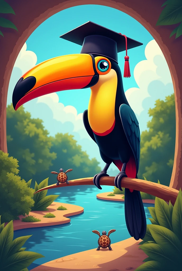 Make me a crazy 2024 promotion that has a toucan with a mortarboard and in the background there is a small river and below that says there are two small turtles but the image is in a circle and that says 2024 promotion