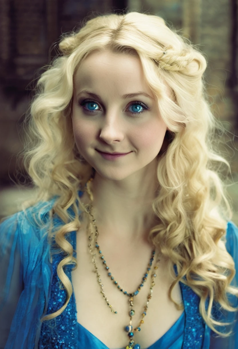 Luna Lovegood an dirty blonde who wear blue dress