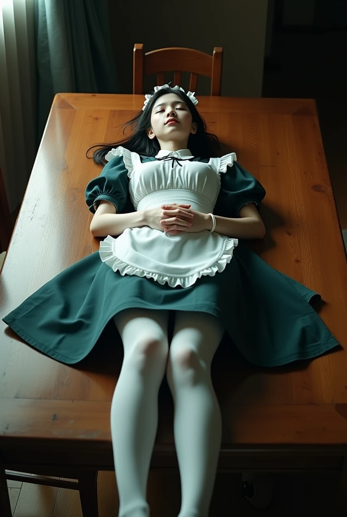 Chinese, young woman, maid uniform, white pantyhose, student shoes, dead, on dining table, eyes closed, realistic