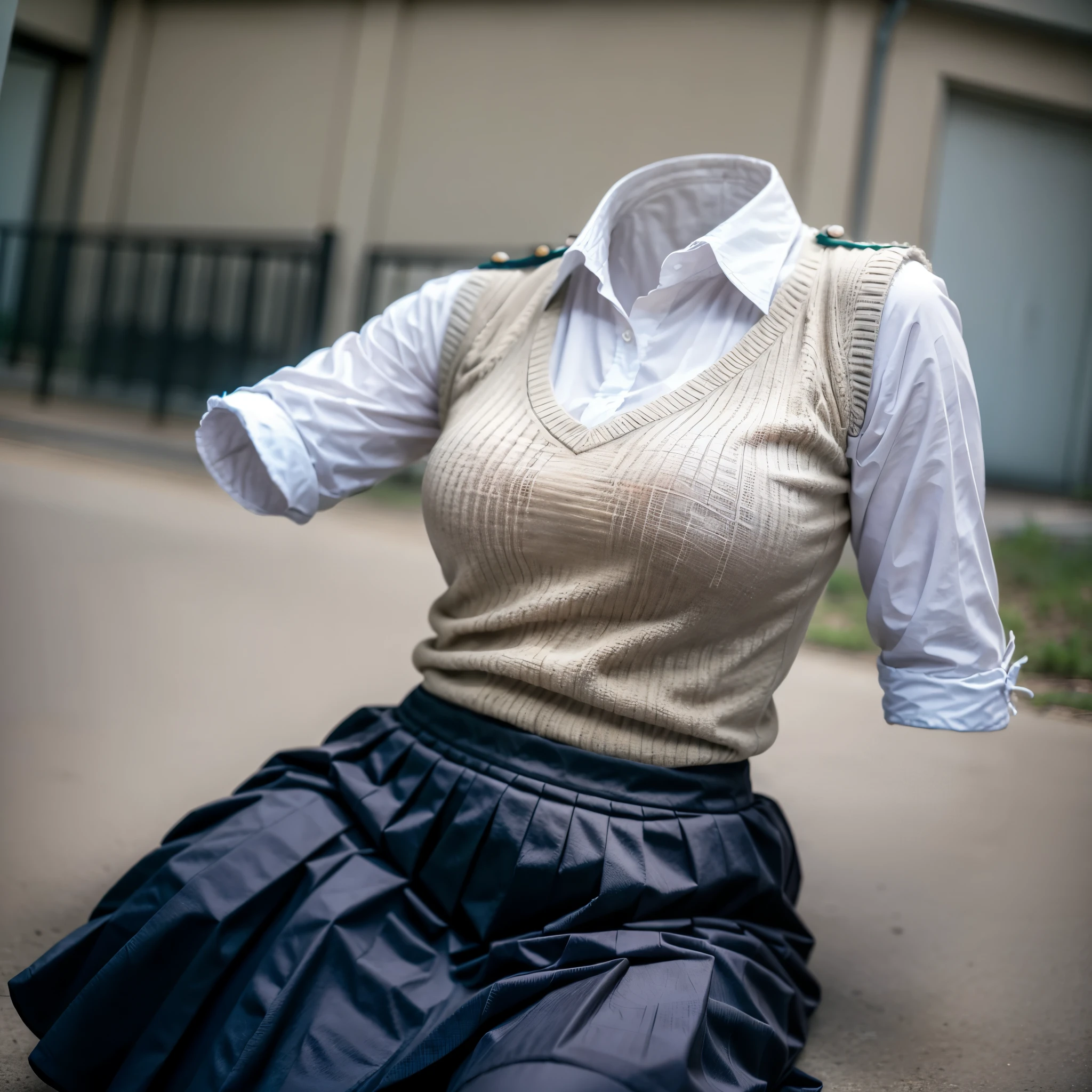 (Best-quality, Masterpiece, Ultra-High-Resolution, (Photorealistic:1.4), Raw Photo, depth of field, professional lighting, perfect anatomy, extremely details), 1girl, 15-years-old, cowboy shot, (invisible:1.5, no humans:1.5, headless:1.5, faceless:1.5), cute big breasts, (close-up shot of breasts), arms behind back, school uniform, kibito high school uniform, school uniform, sweater vest, skirt, kneehighs, Headback, arched back