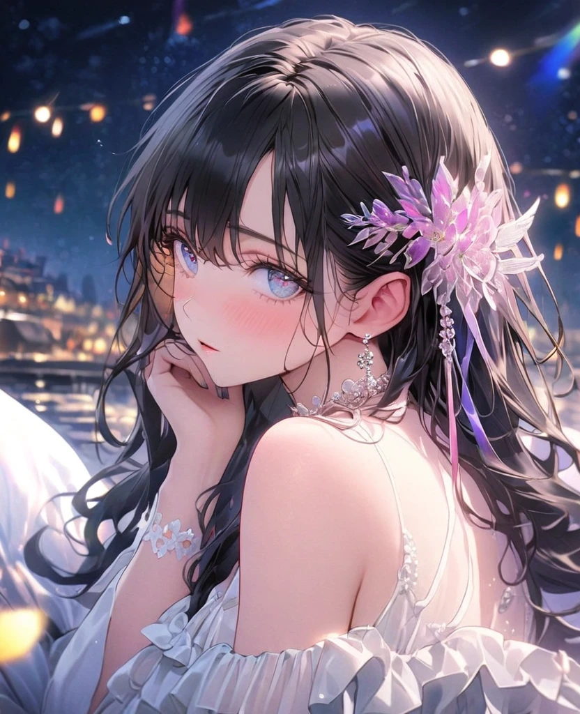 absurdres, RAW photo, extremely delicate and beautiful, masterpiece, Best Quality, ultra high resolution, 32k, hyperrealistic, ultra-detailed, delicate facial features, beautiful detailed woman, tearful mole, earring, medium breasts, full body shot, medium hair, black hair, wavy hair, miko,