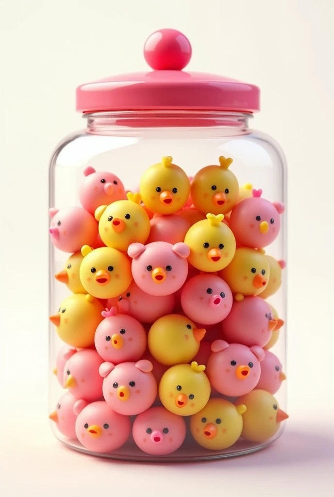 Make a transparent candy jar using Pixar style，The content is expected to include candies shaped like little yellow chickens and candies shaped like little pink pigs.，No need for body in modeling，No background required，To be used as a logo，And the candy jar, I hope it&#39;s crowded inside.，The little yellow chicken and the little pink pig want their faces to be squeezed into the glass jar，Remember, the little yellow chicken should not have a pig nose on its face，The candy jar should be filled with candies