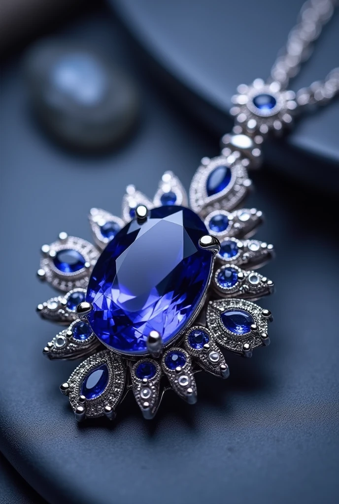 A tanzanite necklace in the shape of a diamond and and the thing holding the gems should be silver